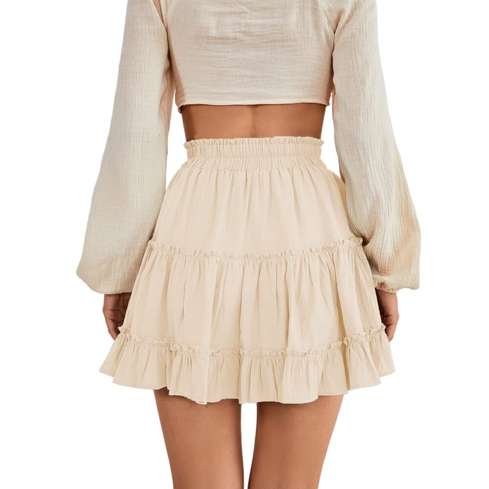 1409 Elastic Waist Pleated Layer Ruffle Hem Flowy A Line Short Skirt Beige2 - Picture 2 of 6